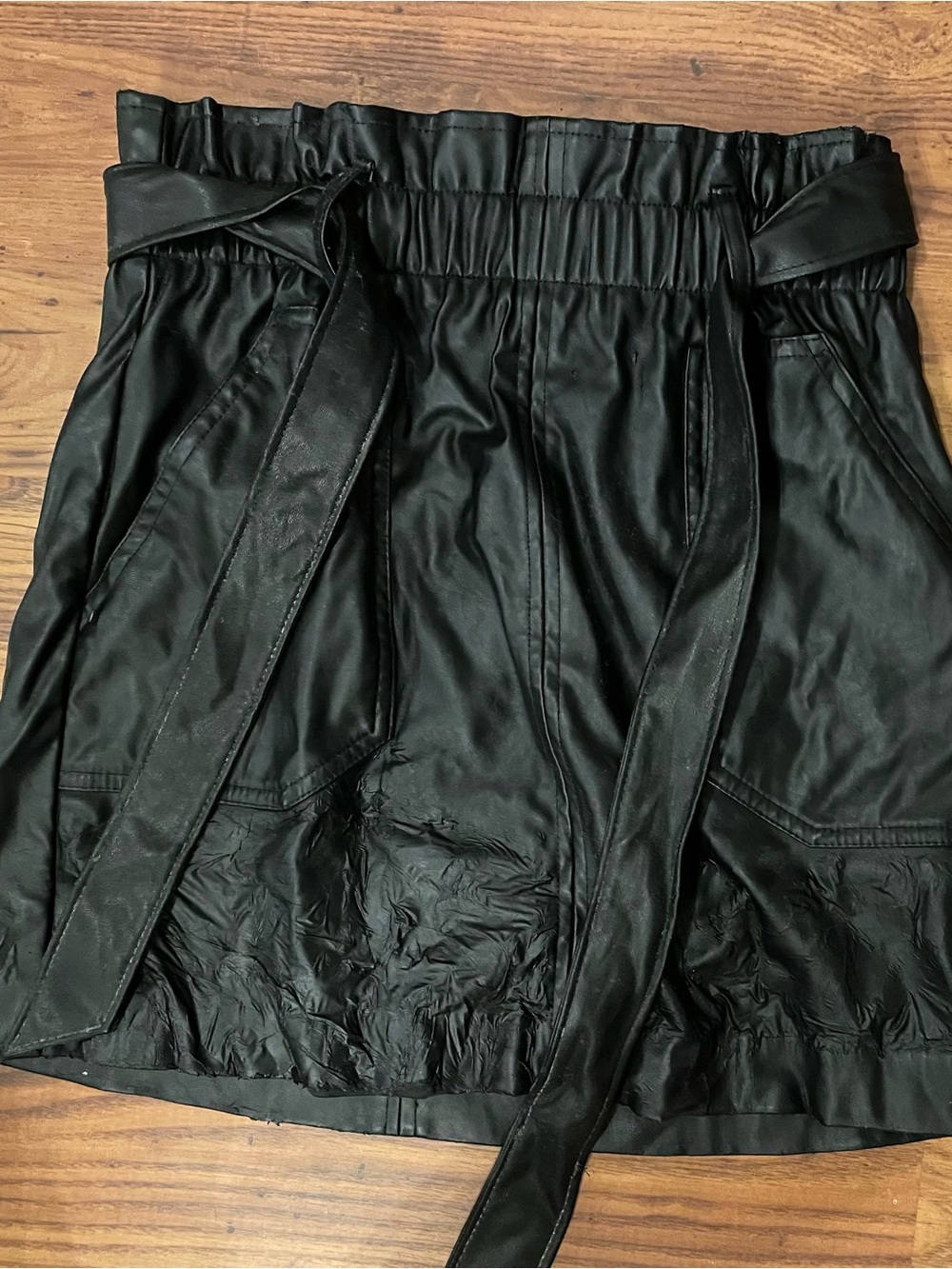 Bar III Black Faux-Leather Paperbag Waist Shirt with Belt